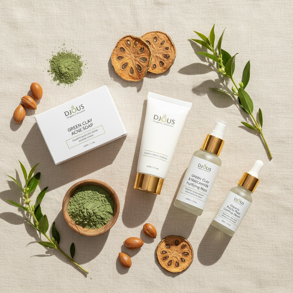 DJOUS Organic Acne Care Collection flatlay with all 4 products and botanical ingredients on cream linen